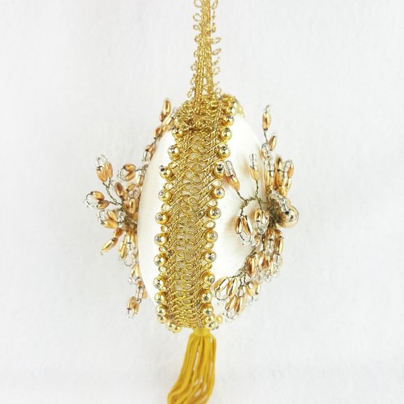 Vintage Satin Beaded Christmas Ornament Cream Gold - Picture 5 of 11